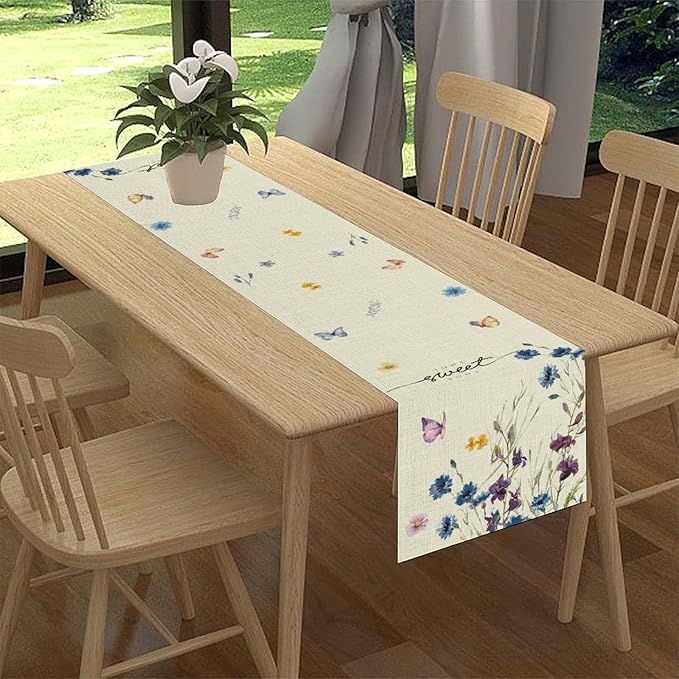 Blue Floral Table Runner, Spring Summer Watercolor Wildflower Butterfly Country Farmhouse Coffee Table Center Decor for Home Kitchen Dining Patio Holiday Party Table Decorations 13x90 inches