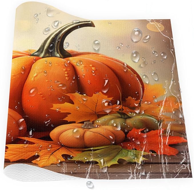 Thanksgiving Fall Pumpkin Placemats Set of 4 PVC Vinyl Non Slip Table Mats Heat Resistant Place Mats Washable Wipeable Dining Table Mat for Kitchen Decor Party Indoor Outdoor Decorative Gift