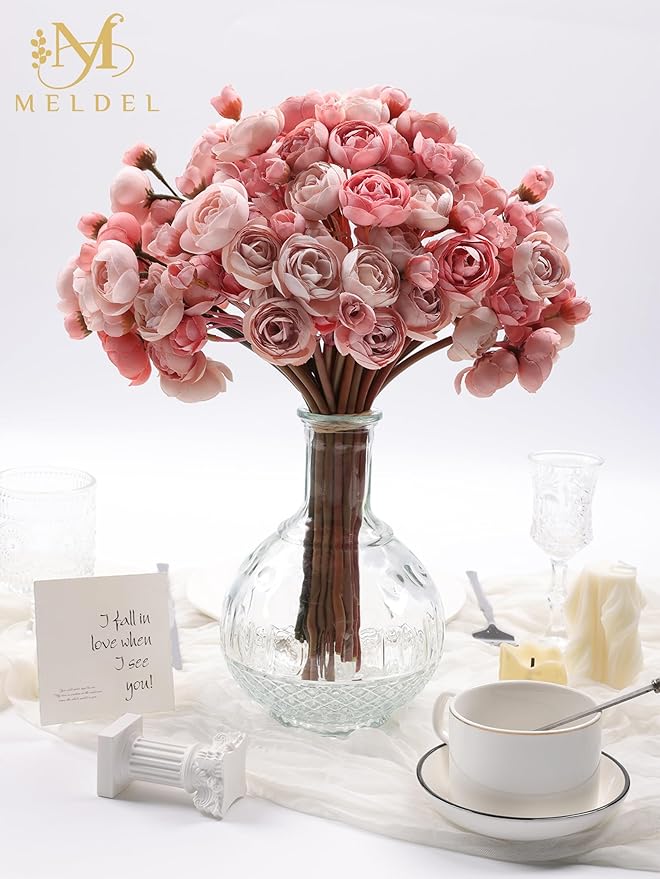 Meldel 32Pcs Ranunculus Artificial Flower, Faux Dusty Rose Ranunculus Flowers for DIY Bouquet, Mini Roses Bulk Fake Peony Wedding Filler Flowers for Centerpieces Arrangements Bridal Shower Decorations