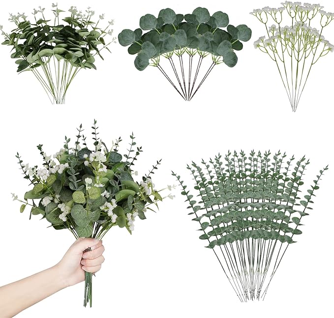 Artificial Eucalyptus Leaves Stems 120 Pcs 4 Kinds Mixed Fake Silver Dollar Eucalyptus Leaves Stem with Babysbreath Bulk Faux Leaf for DIY Bouquets Floral Arrangement Wedding Home Decor
