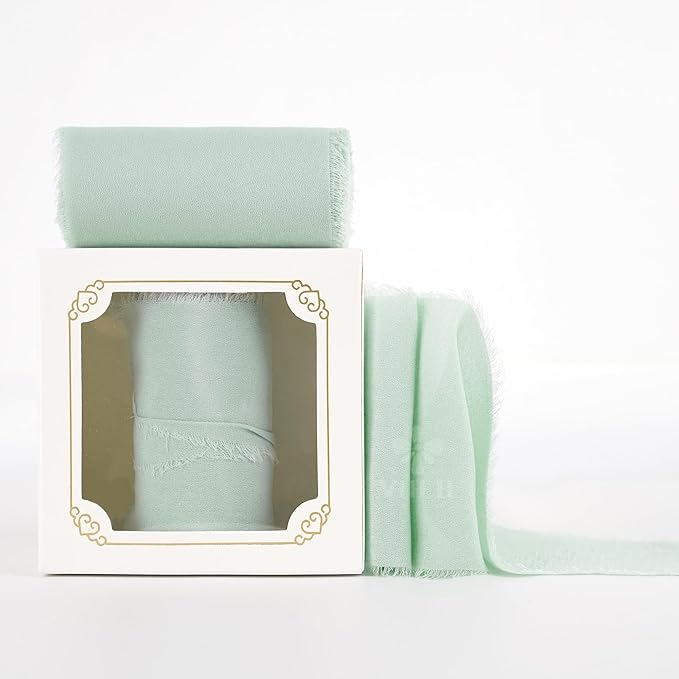 MEEDEE Mint Green Chiffon Ribbon 3 Inch Green Frayed Chiffon Silk Fringe Ribbon Wide Chiffon for Crafts, Flower Bouquet, Wedding Favors Wrapping (2 Rolls 10 Yards)