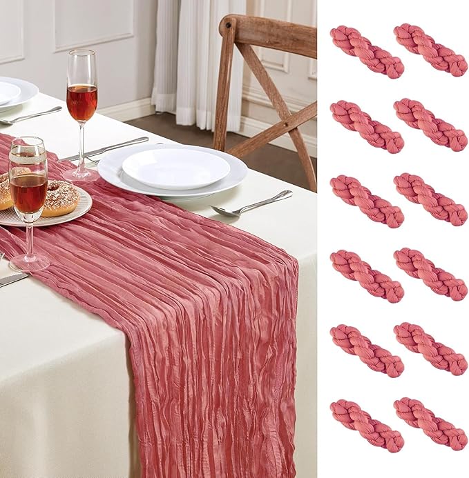 Cheesecloth Table Runner 10FT Long Boho Gauze Table Runner Rustic Sheer Runner for Wedding Bridal Baby Shower Birthday Party Table Decor Thanksgiving Christmas Decorations (12pcs, Rose)