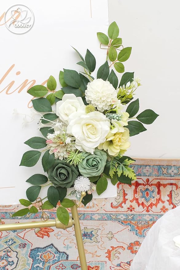 Pack of 2 Wedding Arch, Artificial Flowers, Wedding Decor，Flower Garland Be Suited to Banquet, Party, Reception Entrance Welcome Sign and Background Decoration (White Green)