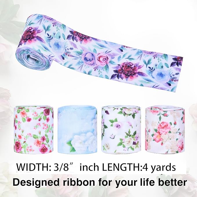 Floral Grosgrain Ribbon, 5 Rolls Flower Pattern Ribbon Spring Summer Fabric Decorative Craft Ribbon Roll for Gift Wrapping Decor Hair Bow Sewing Wreath Crafts (Mixed Color, 3/8 inch X 20Yards)