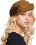 ORIDOOR Women Vintage 100% Wool Felt Flowers Bucket Cloche Bowler Hat Church Wedding Beret Hat