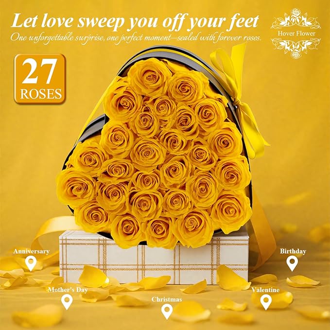 27 Forver Preserved Flowers in a Heart Box, Flowers for Her,Eternal Roses Flowers for Delivery Prime, Flowers Birthday Gifts for Women Mom Grandma Wife - Yellow