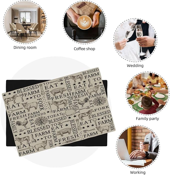 Farm Placemats, Cartoon Vintage Brown Windmill Farmhouse Cow Sheep Rooster Pig Animal Print Washable Fabric Placemats Table Kitchen Dining Party 12x18 Inch Set of 6