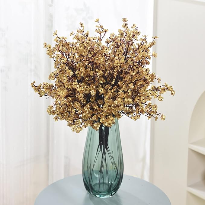 15PCS Artificial Baby Breath Flowers Fake Silk Real Touch DIY Floral Bouquets Decor Wedding Party Decoration Arrangements-Gold
