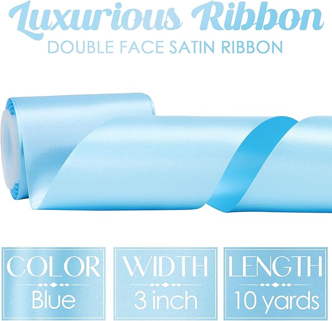 MEEDEE Blue Satin 3 Inch Ribbon Lux Double Faced Satin Ribbon by 10 Yards Light Blue Wide Ribbons for Baby Shower, Baby Blue Ribbons for Christmas Tree, Crafts, Flower Bouquet, Wedding