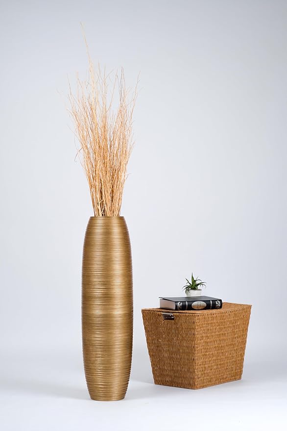 Leewadee Large Gold Home Decor Floor Vase - Wooden 34 inch Tall Farmhouse Decor Flower Holder for Fake Plant and Pampas Grass