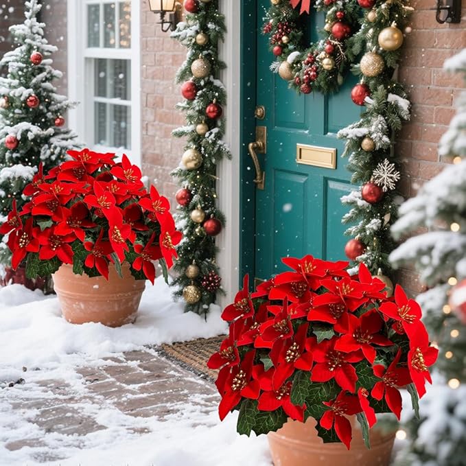 6 Pack Red Christmas Artificial Poinsettia Flowers Faux Poinsettia Bush Bouquets Silk Poinsettia Christmas Tree Ornaments Poinsettia Flower Arrangement for Home Decor
