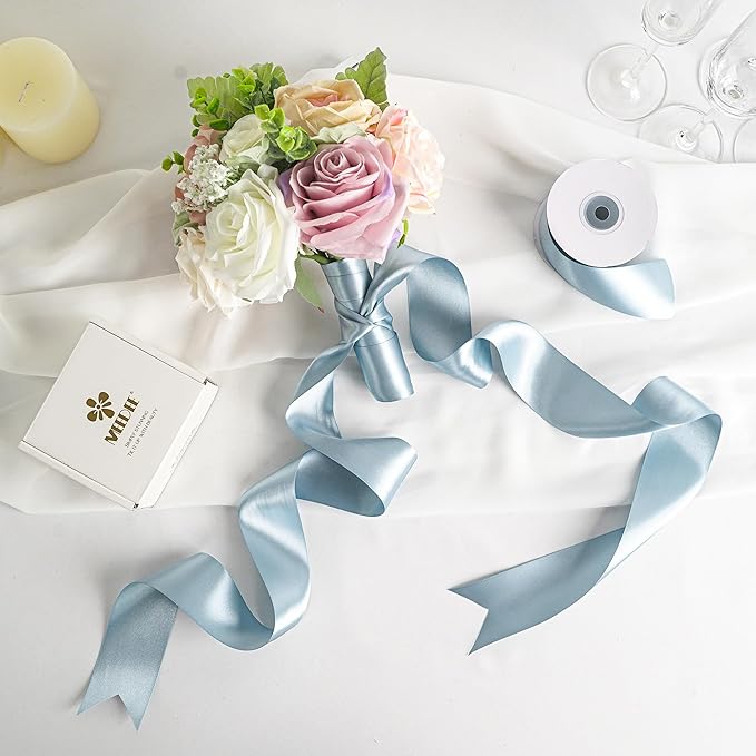 MEEDEE Slate Blue Satin Ribbon 2 inch Slate Blue Ribbon Double Faced Satin Ribbon Dusty Blue Satin Ribbon by 25 Yards Dusty Blue Ribbon for Christmas Tree, Satin Weddings, Flower Bouquet