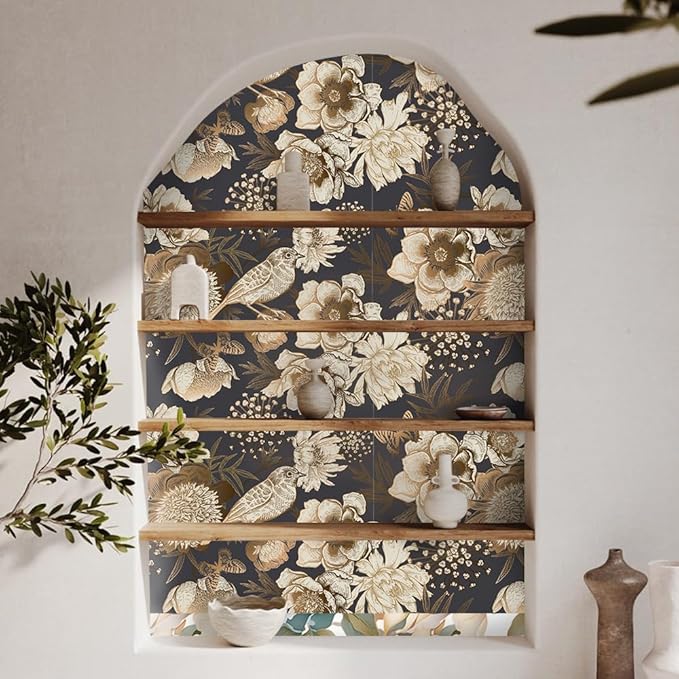 Floral & Birds Peel and Stick Wallpaper Antique Gold Dark Self Adhesive Removable Floral Wallpaper for Bedroom Renter Friendly Floral Contact Paper for Bedroom Bathroom Walls Shelf Liner 17.7"x236.2"