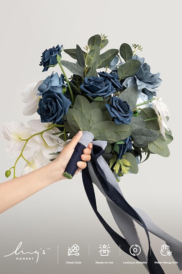 Ling's moment Navy Blue Bridal Bouquet, 13 Inch Wedding Bouquets for Bride, Silk Free Form Bridal Bouquets for Wedding, Ceremony, Anniversary, etc.