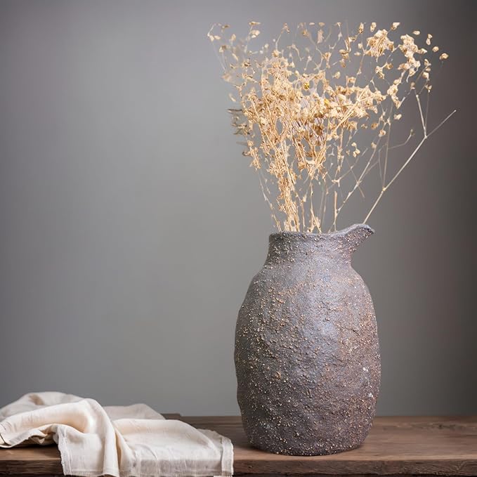 Rustic Ceramic Vase Vintage Farmhouse Style Decor, Frosted Texture Pottery for Home Decor, Modern Living Room, Office Desk Table Centerpiece (Brown) 7IN
