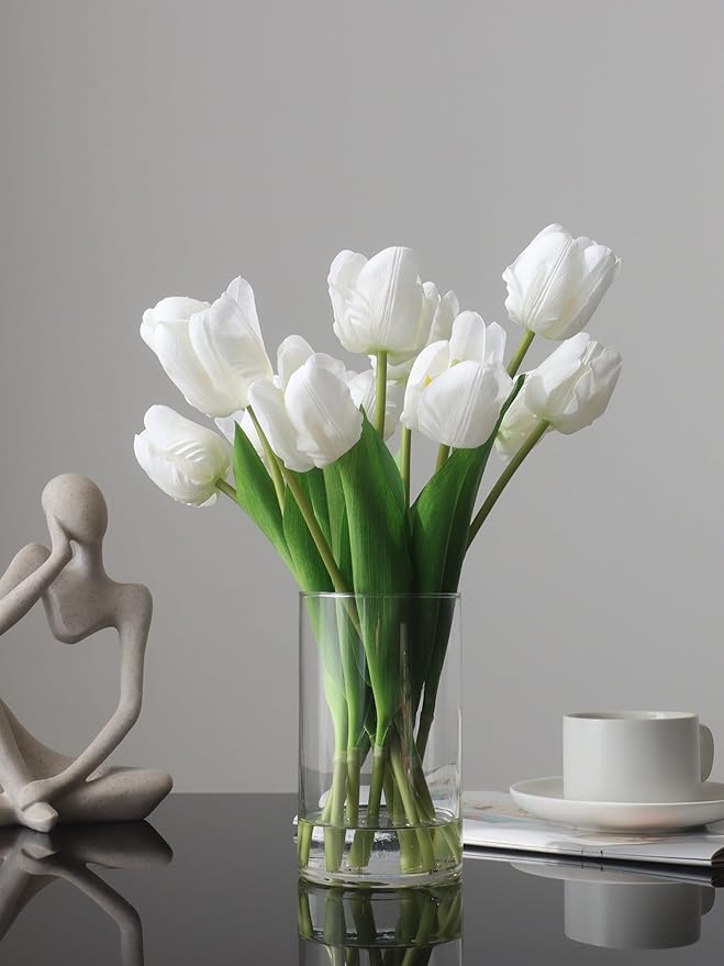 10pcs Fake Faux Tulips in Vase,Silk White Tulipanes Tulips Artificial Flowers Real Touch Arrangements with Vase for Desk Table Decoration Home Decor
