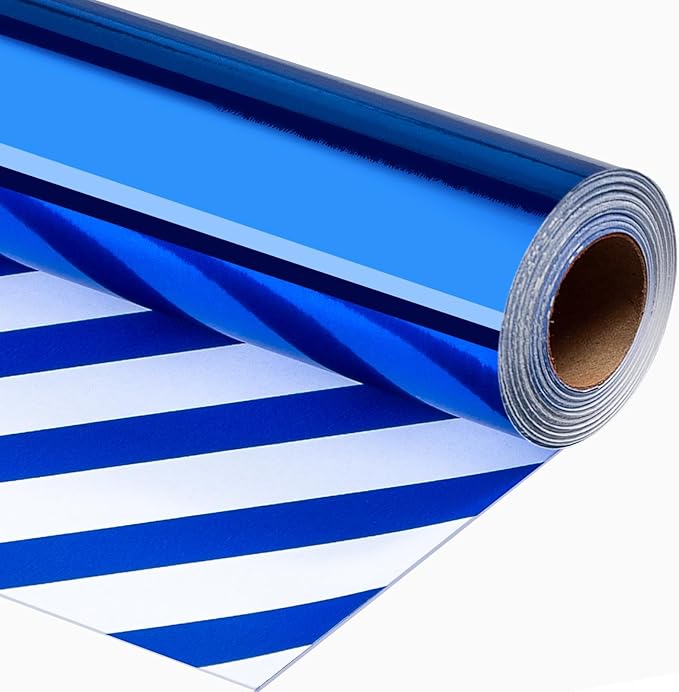 Merture Reversible Royal Blue Wrapping Paper Roll - 17 In X 32.8 Ft(46.5 sq.ft.) Metallic Blue and Stripe Design Gift Wrap for Birthday, Fathers Day, Baby Shower, Gender Reveal Party, Hanukkah