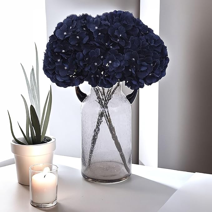 2Bouquets Artificial Fake Flowers Silk Hydrangea Arrangements Wedding Bouquets Decorations Plastic Floral Home Kitchen Garden Party Festival Bar DIY (Navy Blue)