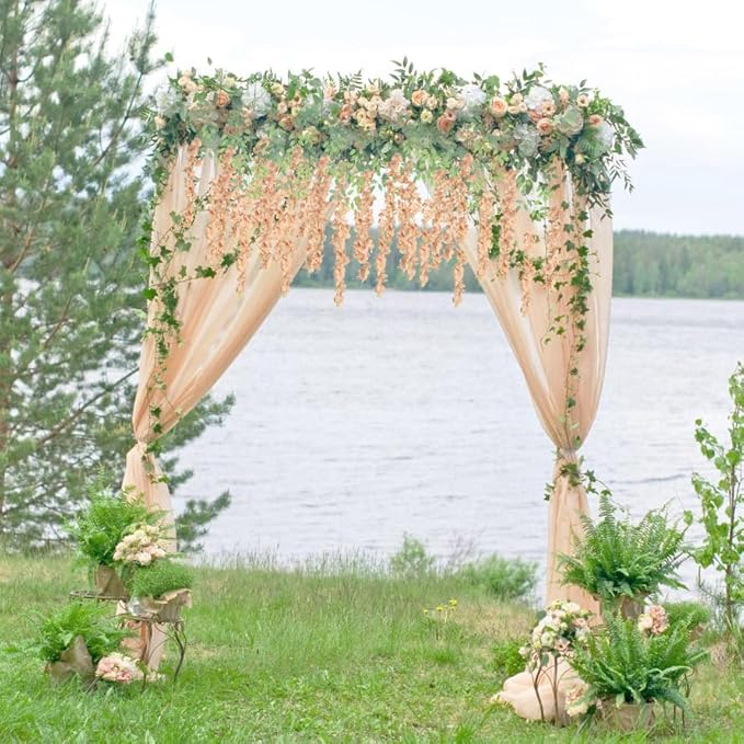 12Pack Wisteria Hanging Flowers 3.6ft Fake Flower Garland Faux Wisteria Vines Champagne Artificial Silk Flowers Bushy Rattan String for Garden Home Wall Wedding Decorations (Champagne)