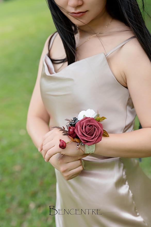 Burgundy Corsage for Wedding(Set of 6),Wrist Corsage,Corsage for Prom,Party Prom Hand Flower Decor,Bridesmaid Wrist Corsage,Vintage Wedding,Gothic Wedding,Artificial Flowers