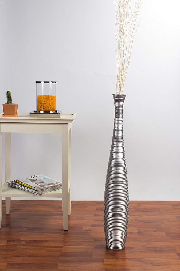 Leewadee Large Silver Home Decor Floor Vase - Wooden 26 inch Tall Farmhouse Decor Flower Holder for Fake Plant and Pampas Grass