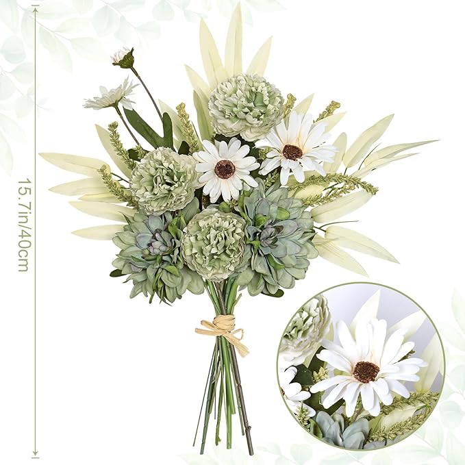 Dremisland Artificial Flowers Bouquet Silk Floral Arrangements Faux Flowers Plant for Home Decor Wedding Bride Bouquets Floral Tables Centerpieces for Home Decor Indoor Vase Table Decor (Green)