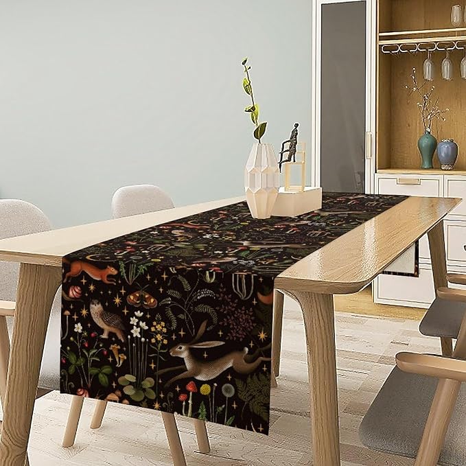 Rustic Forest Table Runner, Farmhouse Country Fairy Woodland Wild Animals Butterfly Mushroom Table Runner for Home Kitchen Dining Table Decor, 13x120inch