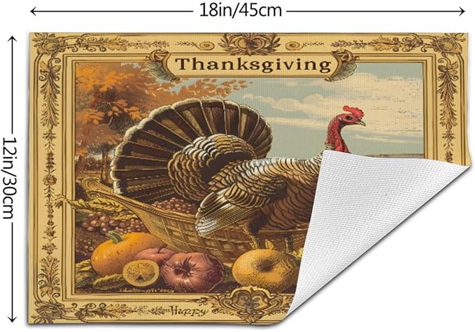 PVC Placemats Set of 4 Wipeable Table Mats Washable Heat Resistant Non Slip Vinyl Dining Table Mat for Kitchen Indoor Outdoor Patio Farmhouse Place Mats Retro Turkey Thanksgiving Decorative
