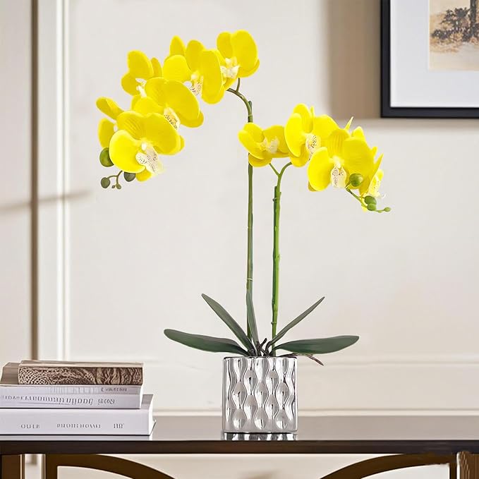Artificial Orchids Silver Vases Orchids Artificial Flowers Yellow Orchid Height 20 inches