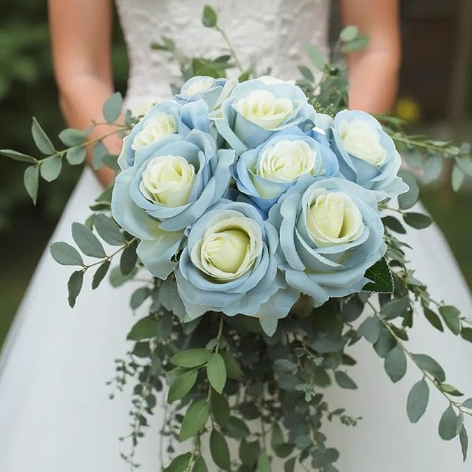 Felice Arts 12 Pack Ice Blue Artificial Flowers with Stems Silk Roses Fake Flowers Bouquet for Wedding Centerpiece Table Vase Home Kitchen Party DIY Decor