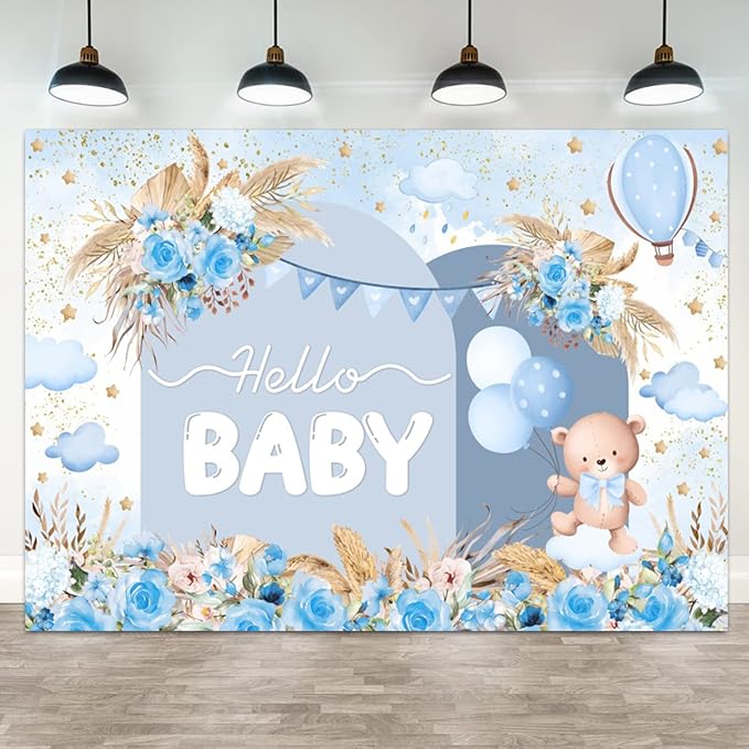 15x8ft Hello Baby Backdrop Blue Gold Boho Floral Bear Baby Shower Photography Background Balloon Stars Clouds Banner Decorations Welcome Newborn Celebration Party Portrait Photo Booth Prop