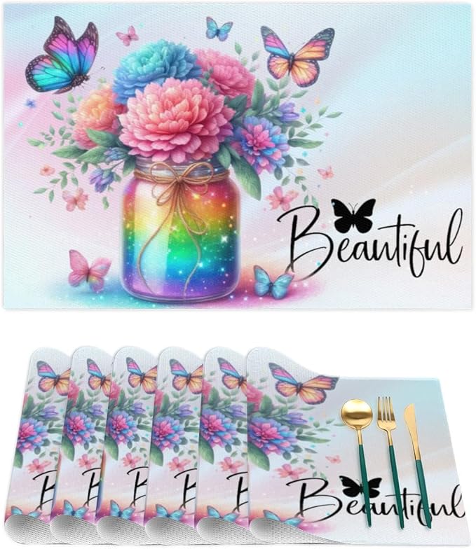 PVC Placemats Set of 6 Rainbow Flower Butterfly Wipeable Table Mats Washable Heat Resistant Non Slip Vinyl Dining Table Mat for Kithen Indoor Outdoor Patio Farmhouse Place Mats Decorative
