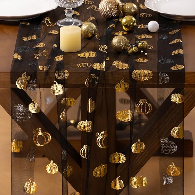 Socomi Gold Table Runner Fall Pumpkin Gauze Sheer Chiffon Cheesecloth Sequin 10FT Glitter Metallic Foil Dining Wedding Birthday Party Baby Shower Holiday Centerpiece Table Decor Black