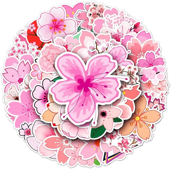 Sakura Stickers for Teens Boy Girls Kids|50 Pcs|Bright Vinyl Waterproof Stickers for Laptop Phone Luggage Flasks Water Bottle Bike Car Notebook Tablet,Aesthetic Cartoon Flowers Decals Pack(Sakura)