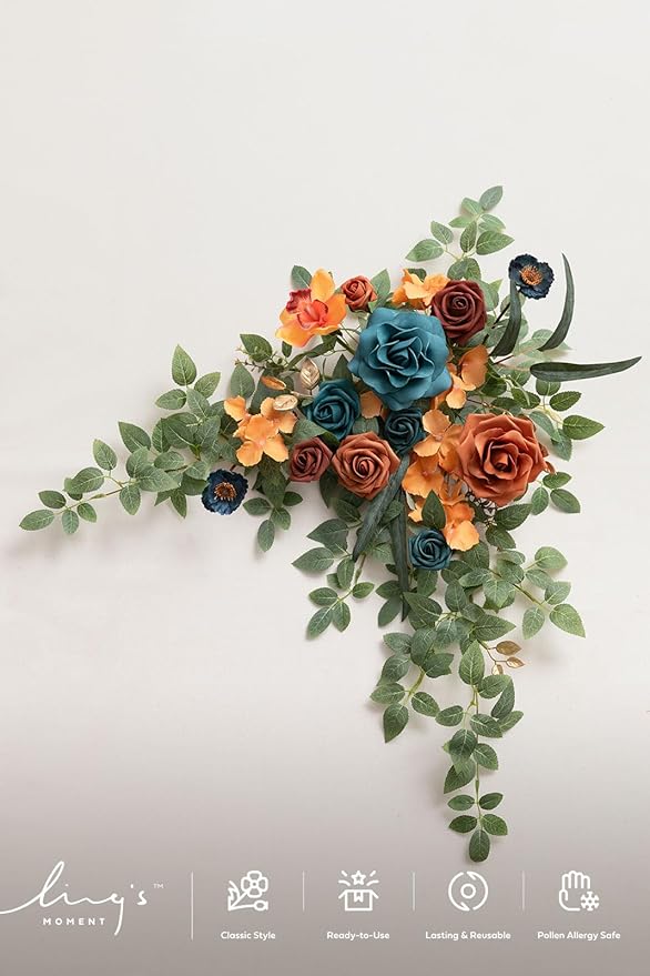 Ling's Moment Wedding Artificial Welcome Sign Flowers Swag Arch Floral Garland Decorations Teal Orange for Ceremony Reception Entrance Entryway Party Banquets Easel Wall Home Outdoor(NOT Include Sign)
