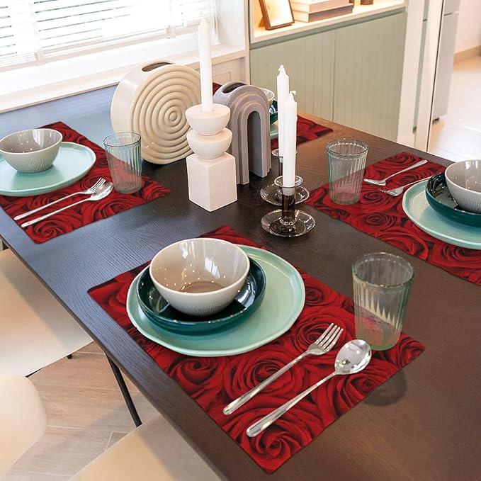 Red Rose Linen Table Placemats Set of 4 Beautiful Red Rose Placemats Home Party Kitchen Indoor Holiday Rustic Washable Heat Resistant Table Mats 12 x 18 Inch