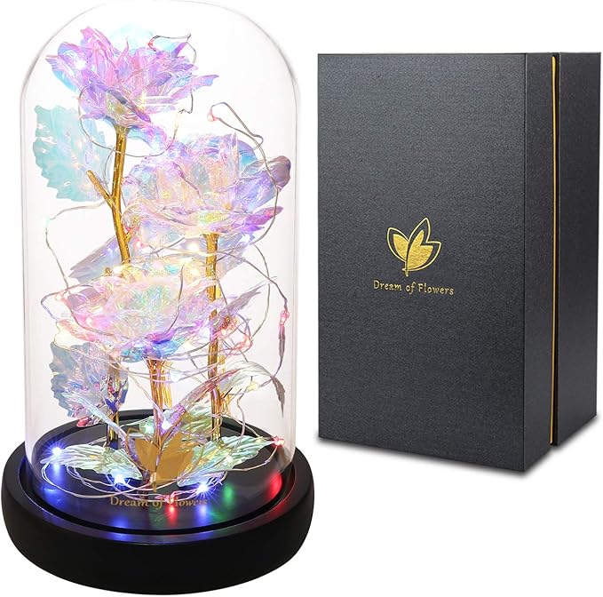 Beauty and The Beast Rose,Christmas Flowers Gifts for Women,Colorful Rainbow Up Rose in A Glass Dome,Gifts for Mom,Women,Wife's,Grandma Wife Anniversary,Valentines,Thanksgiving,Birthday,Wedding