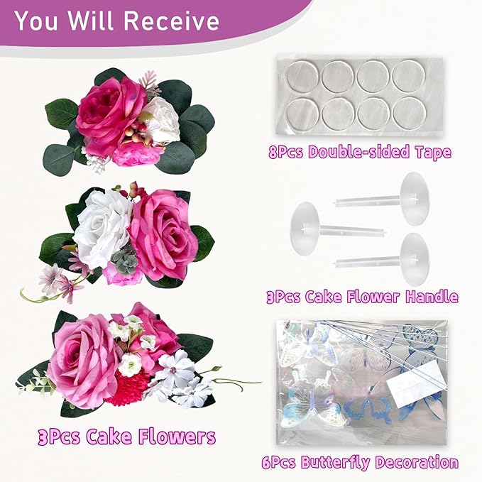 Pre-Made Hot Pink Silk Flowers for Cakes Decorations Fuchsia Light Pink Artificial Rose Peony Wedding Cake Toppers Decorating Fake Floral Anniversary Birthday Party Arrangements Table