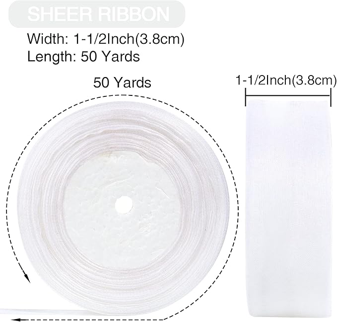 1-1/2 Inch x 50 Yards Sheer Organza Ribbon Chiffon Ribbon for Gift Wedding Flower Bouquet Wrapping Decorations Crafts (White)