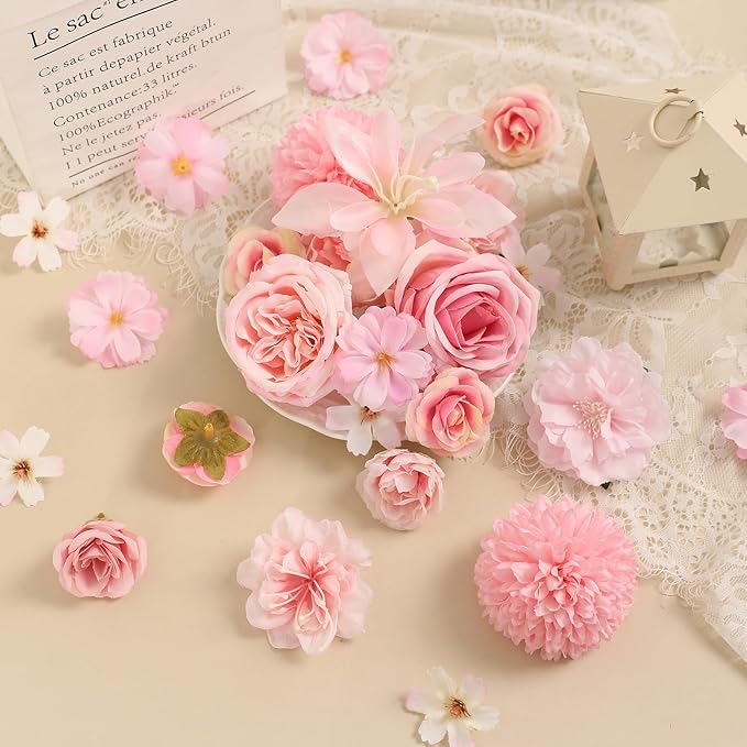 Fake Flower Heads for Crafts - Pink Silk Artificial Roses, Peonies, Daisies & Mini Floral Heads Bulk (48-Pack) for Wedding Decor, Graduation Cap, Cake Topper, Baby Shower, Home Decoration