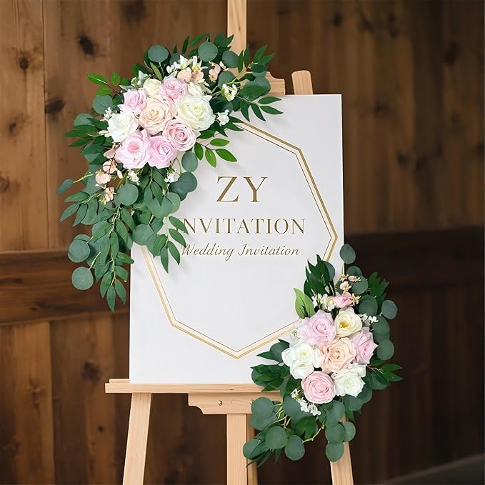 Artificial Wedding Arch Flowers (Pack of 2), White Wedding Flowers for Wedding Welcome Ceremony Sign, Faux Floral Swags, Banquet and Reception Backdrop Floral Decoration (White & Pink)