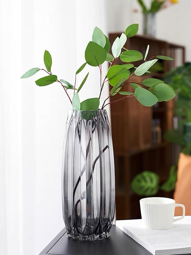 Large Flower Vase,11 inch,GIDARY Thickened Clear Ribbed Glass Vase for Bookshelf,Dinner Table,Indoor Office Desktop,Meeting Room,Home Christmas Day Decoration