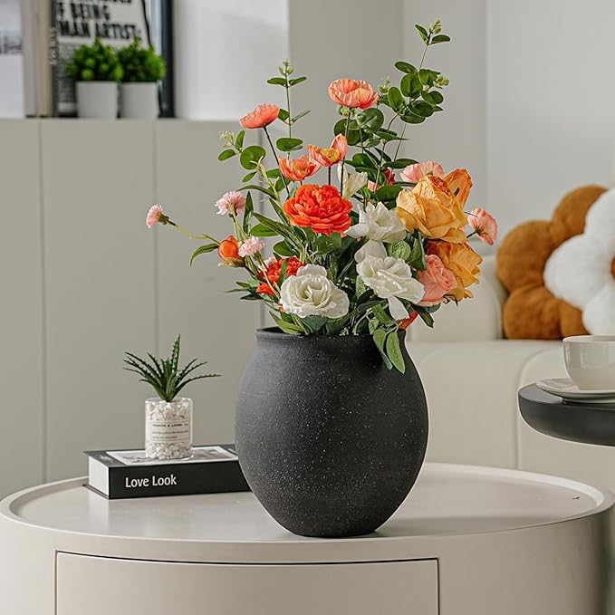 Large Black Ceramic Vase,Wide-mouthed Round Planter with Drainage Hole, 9.7 Inch Tall Minimalist Farmhouse Decor for Indoor Flowers, Plants, Table Centerpiece, Shelf, Floor,Living Room (Matte Black)