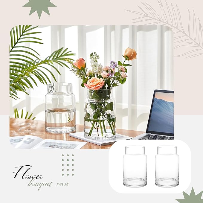 2 Pcs 9 Inch Large Glass Vase for Bouquet Wide Mouth Vase for Centerpieces Large vase for Flowers Modern Glass Vases for Wedding Home Dining Table Decor(H: 9” W: 6")