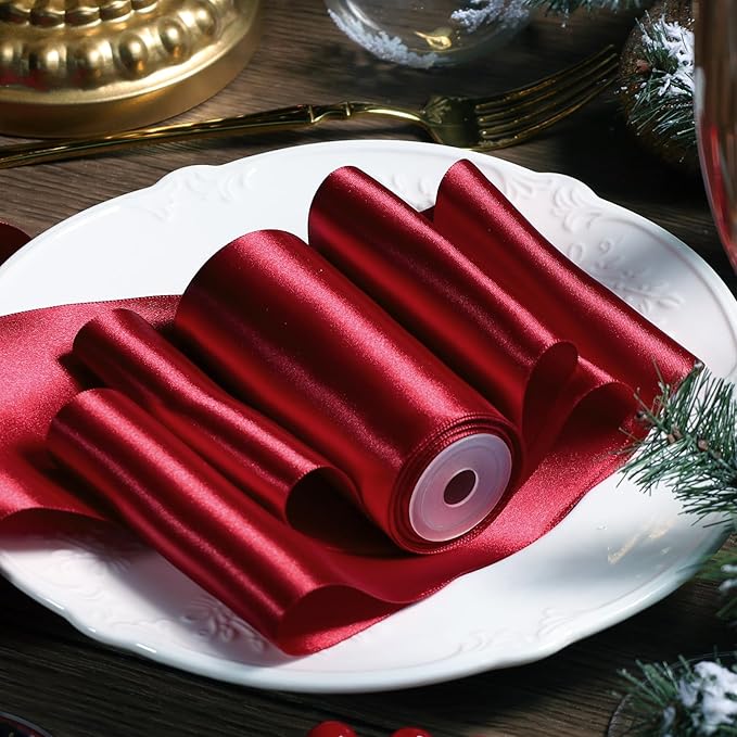 LaRibbons Red Satin Ribbon 3 Inch 10 Yards Christmas Ribbons Double Faced Luxury Burgundy Silk Ribbon for Gift Wrapping Flower Bouquets Bow Christmas Wedding Party Decoration
