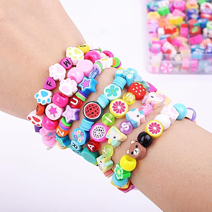1000PCS Polymer Clay Beads Bracelet Making kit, 24 Style Cute Fun Beads Fruit Flower Animal Cake Butterfly Heart Beads Charms for Jewelry Necklace Earring Making DIY Accessories for Women Girls