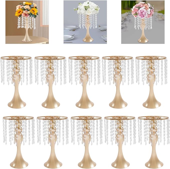 Flower Stand Vase, 10 Pcs Glam Crystal Wedding Reception Decorations with Sparkling Beads Table Center Display Flower Arrangement Flower Stand Metal Vase for Event Party Decor (Gold, H:13.78in)