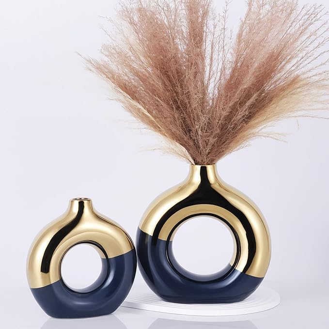 Blue and Gold Vase Decor Donut Vase Set of 2 - Circle Hollow Vases, Modern Matte Ceramic Vases for Entryway Living Room Bedroom Dining Table Centerpiece Office Home Decor