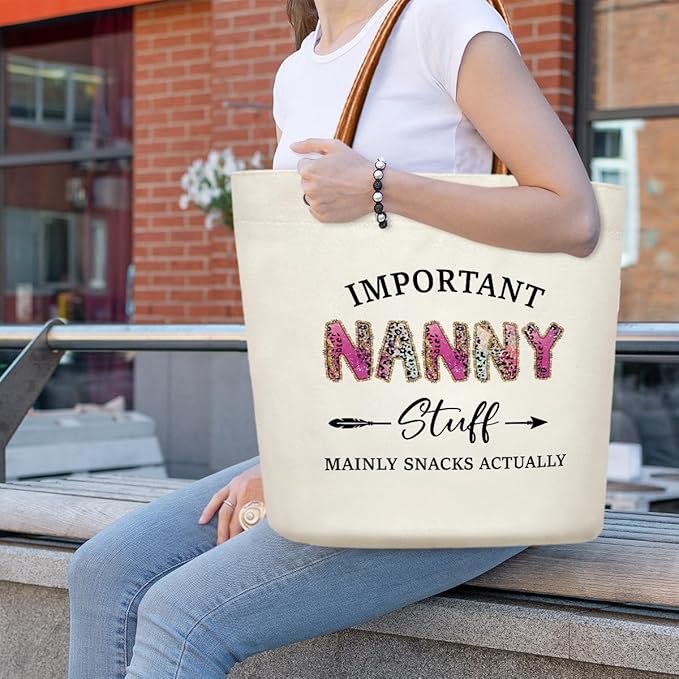 Canvas Tote Bag for Women, Important Stuff Bag with Leather Handle, Reusable Grocery Bags for Shopping Beach Travel
