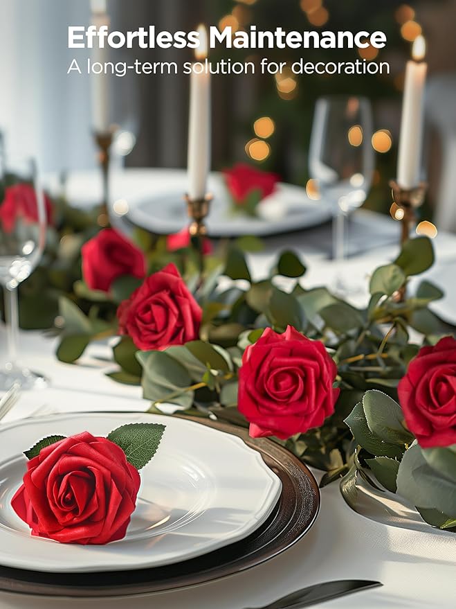 InnoGear Artificial Flowers, 100 Pcs Dark Red Foam Fake Roses Bulk with Stems for Decoration DIY Wedding Bouquets Centerpieces Bridal Shower Party Christmas Tree